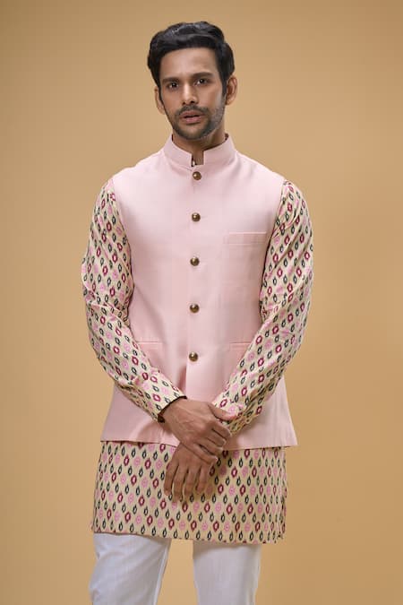 Buy_Spring Break_Peach Cotton, Silk Ikat Print Bundi Kurta Set _Online_at_Aza_Fashions