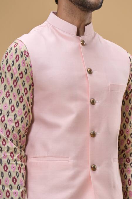 Shop_Spring Break_Peach Cotton, Silk Ikat Print Bundi Kurta Set _Online_at_Aza_Fashions
