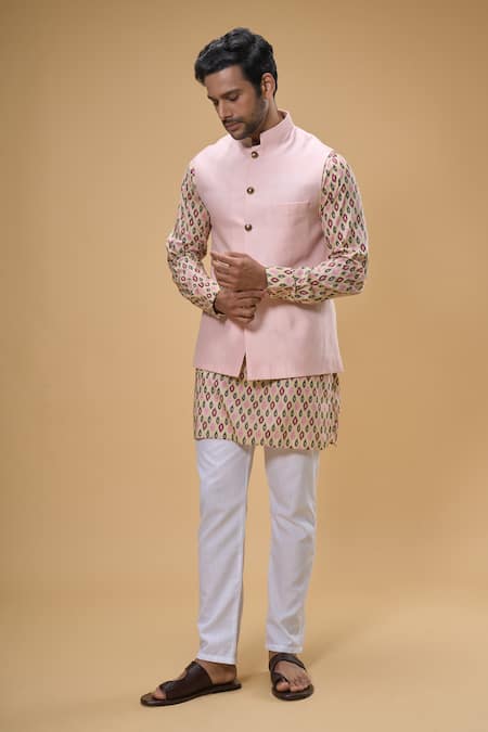 Spring Break_Peach Cotton, Silk Ikat Print Bundi Kurta Set _at_Aza_Fashions