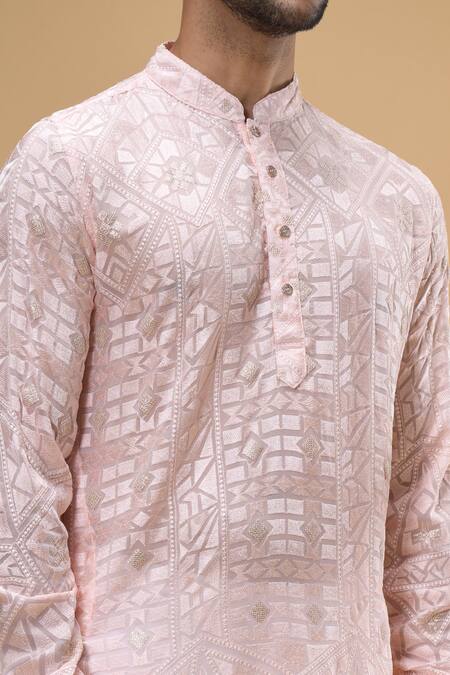 Spring Break_Pink Viscose, Cotton Embroidery Mosaic Bloom Lucknowi Kurta With Pant _Online_at_Aza_Fashions