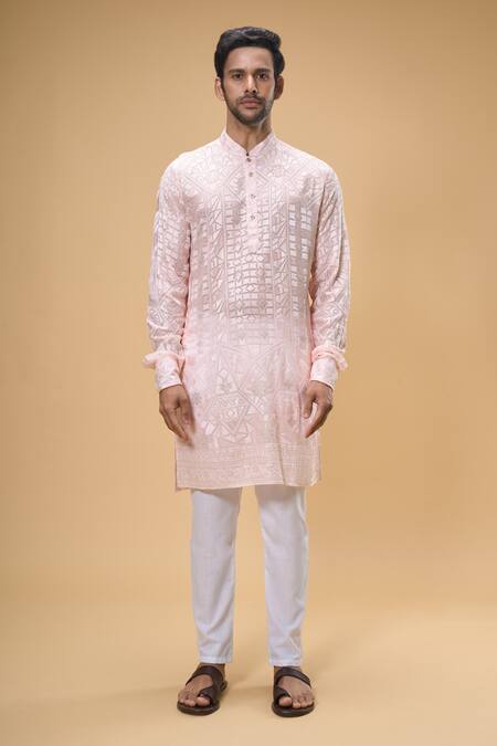 Buy_Spring Break_Pink Viscose, Cotton Embroidery Mosaic Bloom Lucknowi Kurta With Pant _Online_at_Aza_Fashions