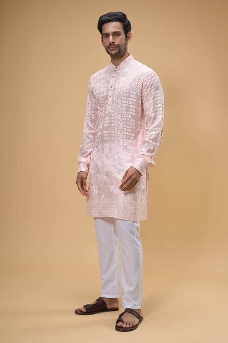 Shop_Spring Break_Pink Viscose, Cotton Embroidery Mosaic Bloom Lucknowi Kurta With Pant _Online_at_Aza_Fashions