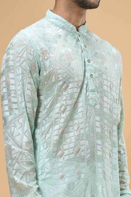 Spring Break_Green Viscose, Cotton Embroidery Mosaic Blossom Lucknowi Kurta With Pant _Online_at_Aza_Fashions