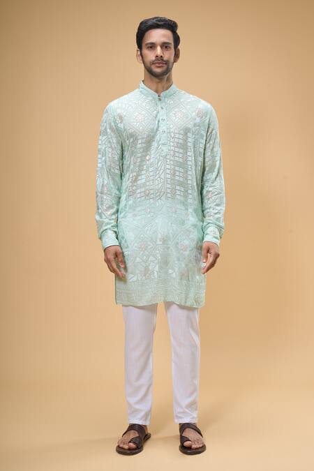 Buy_Spring Break_Green Viscose, Cotton Embroidery Mosaic Blossom Lucknowi Kurta With Pant _Online_at_Aza_Fashions