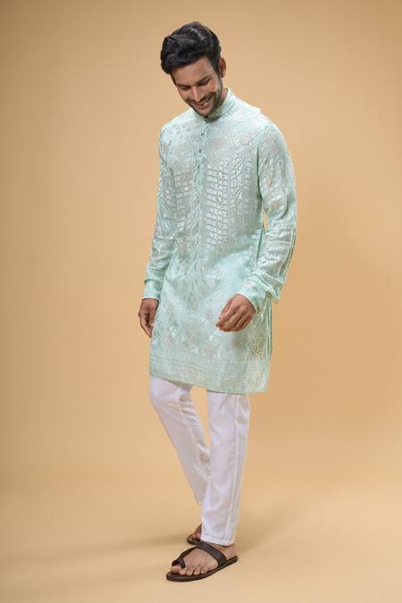 Shop_Spring Break_Green Viscose, Cotton Embroidery Mosaic Blossom Lucknowi Kurta With Pant _Online_at_Aza_Fashions