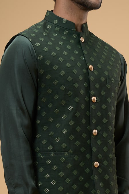 Buy_Spring Break_Green Silk, Cotton Sequins Emerald Quad Embroidered Bundi Set _Online_at_Aza_Fashions