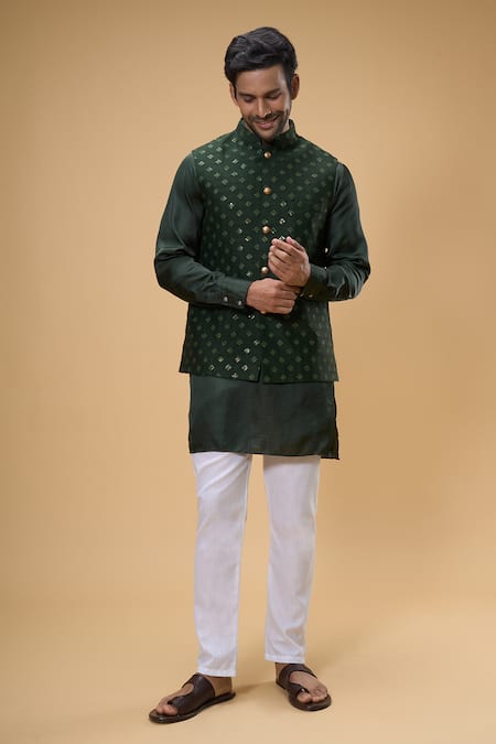 Spring Break_Green Silk, Cotton Sequins Emerald Quad Embroidered Bundi Set _at_Aza_Fashions