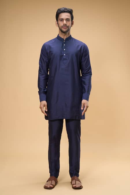 Spring Break_Blue Cotton, Silk Embroidery Gulbahar Bundi Kurta Set _Online_at_Aza_Fashions