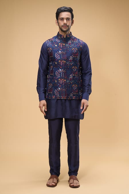 Buy_Spring Break_Blue Cotton, Silk Embroidery Gulbahar Bundi Kurta Set _Online_at_Aza_Fashions