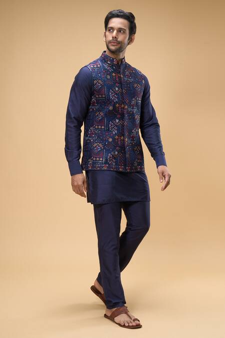 Shop_Spring Break_Blue Cotton, Silk Embroidery Gulbahar Bundi Kurta Set _Online_at_Aza_Fashions