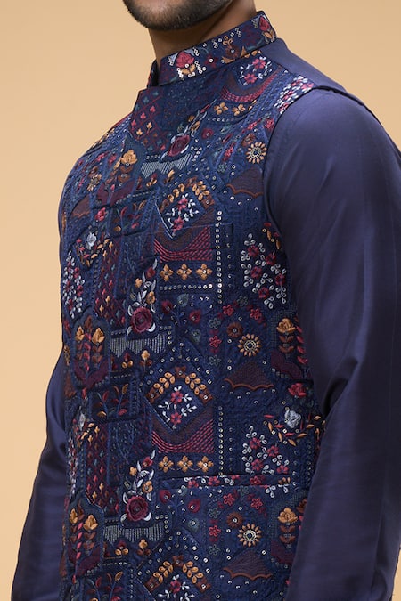 Spring Break_Blue Cotton, Silk Embroidery Gulbahar Bundi Kurta Set _at_Aza_Fashions