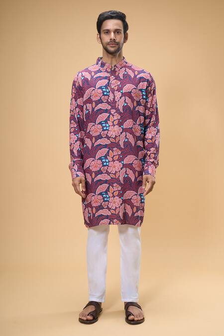 Shop_Spring Break_Blue Cotton, Silk, Rayon Embroidery Gul Print Kurta And Bundi Set _Online_at_Aza_Fashions