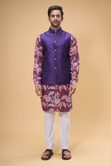 Spring Break_Blue Cotton, Silk, Rayon Embroidery Gul Print Kurta And Bundi Set _at_Aza_Fashions