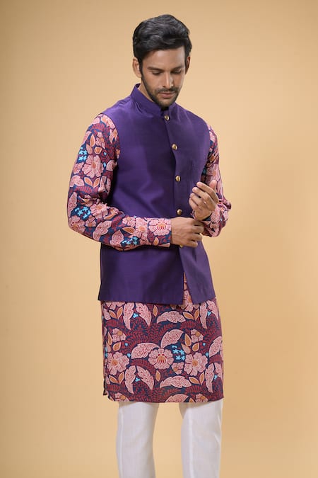 Buy_Spring Break_Blue Cotton, Silk, Rayon Embroidery Gul Print Kurta And Bundi Set 