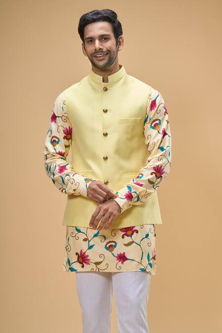Buy Spring Break Yellow Cotton, Silk, Rayon Bloom Vine Print Kurta And Bundi Set Online at Aza Fashions Buy_Spring Break_Yellow Cotton, Silk, Rayon Bloom Vine Print Kurta And Bundi Set_Online_at_Aza_Fashions