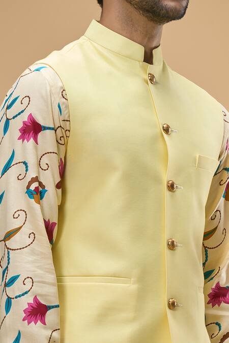 Shop Spring Break Yellow Cotton, Silk, Rayon Bloom Vine Print Kurta And Bundi Set Online at Aza Fashions Shop_Spring Break_Yellow Cotton, Silk, Rayon Bloom Vine Print Kurta And Bundi Set_Online_at_Aza_Fashions
