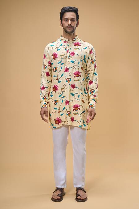 Spring Break Yellow Cotton, Silk, Rayon Bloom Vine Print Kurta And Bundi Set at Aza Fashions Spring Break_Yellow Cotton, Silk, Rayon Bloom Vine Print Kurta And Bundi Set_at_Aza_Fashions