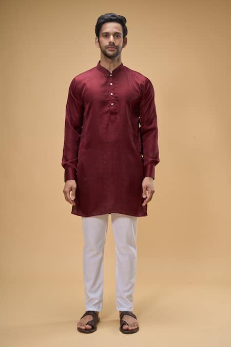 Spring Break_Maroon Silk, Cotton Sequins Bloom Quad Bundi Kurta Set _Online_at_Aza_Fashions