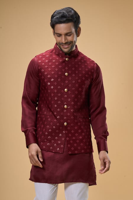 Buy_Spring Break_Maroon Silk, Cotton Sequins Bloom Quad Bundi Kurta Set _Online_at_Aza_Fashions