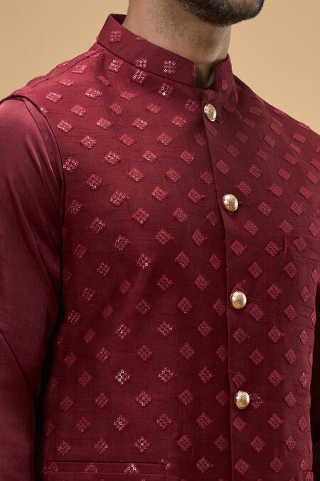 Shop_Spring Break_Maroon Silk, Cotton Sequins Bloom Quad Bundi Kurta Set _Online_at_Aza_Fashions