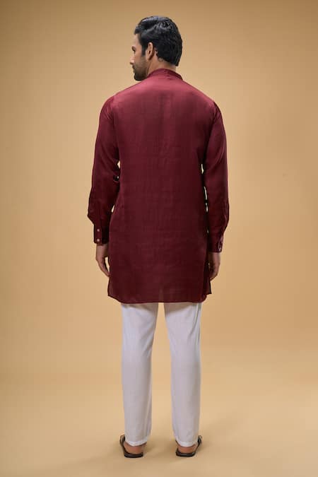 Spring Break_Maroon Silk, Cotton Sequins Bloom Quad Bundi Kurta Set _at_Aza_Fashions