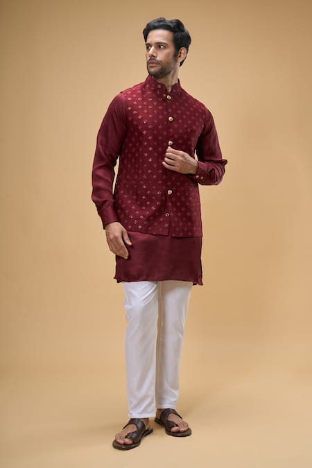Buy_Spring Break_Maroon Silk, Cotton Sequins Bloom Quad Bundi Kurta Set 