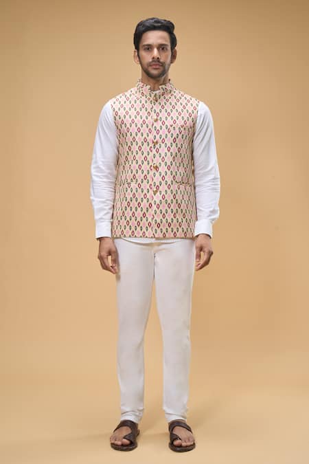 Spring Break_Beige Cotton Ikat Print Bundi For Kids_Online_at_Aza_Fashions