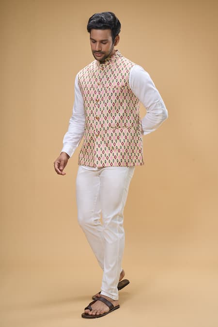 Buy_Spring Break_Beige Cotton Ikat Print Bundi For Kids_Online_at_Aza_Fashions