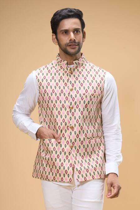 Shop_Spring Break_Beige Cotton Ikat Print Bundi For Kids_Online_at_Aza_Fashions