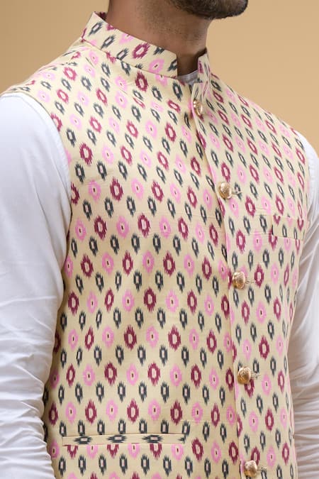 Spring Break_Beige Cotton Ikat Print Bundi For Kids_at_Aza_Fashions