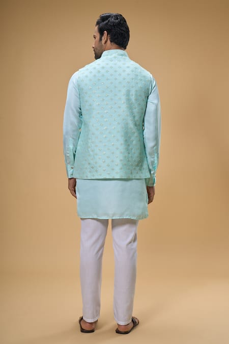 Shop Spring Break Green Silk, Cotton Sequins Flora Quad Embroidered Bundi Set at Aza Fashions Shop_Spring Break_Green Silk, Cotton Sequins Flora Quad Embroidered Bundi Set _at_Aza_Fashions