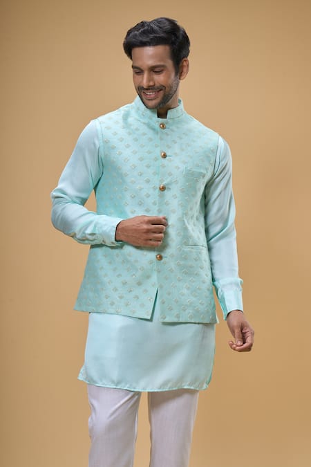 Buy Spring Break Green Silk, Cotton Sequins Flora Quad Embroidered Bundi Set Online at Aza Fashions Buy_Spring Break_Green Silk, Cotton Sequins Flora Quad Embroidered Bundi Set _Online_at_Aza_Fashions