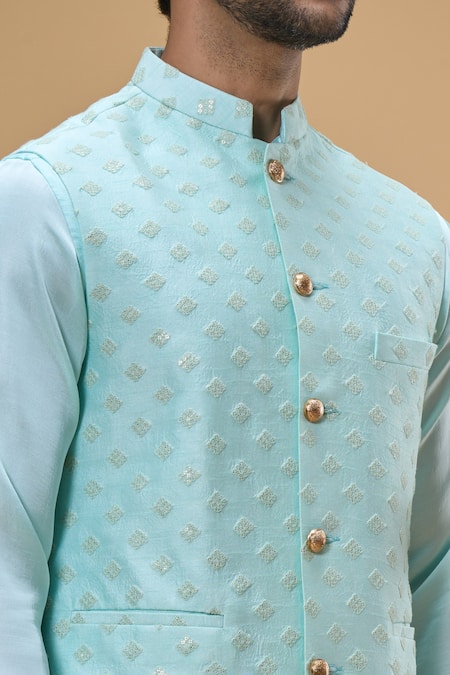 Shop Spring Break Green Silk, Cotton Sequins Flora Quad Embroidered Bundi Set Online at Aza Fashions Shop_Spring Break_Green Silk, Cotton Sequins Flora Quad Embroidered Bundi Set _Online_at_Aza_Fashions