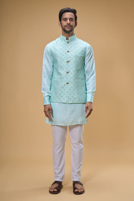 Spring Break Green Silk, Cotton Sequins Flora Quad Embroidered Bundi Set at Aza Fashions Spring Break_Green Silk, Cotton Sequins Flora Quad Embroidered Bundi Set _at_Aza_Fashions