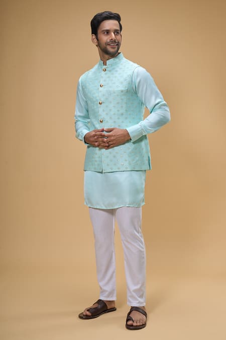 Buy Spring Break Green Silk, Cotton Sequins Flora Quad Embroidered Bundi Set Buy_Spring Break_Green Silk, Cotton Sequins Flora Quad Embroidered Bundi Set