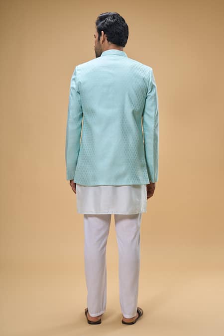 Shop_Spring Break_Blue Cotton, Silk Bloom Crest Woven Bundi Kurta Set_at_Aza_Fashions