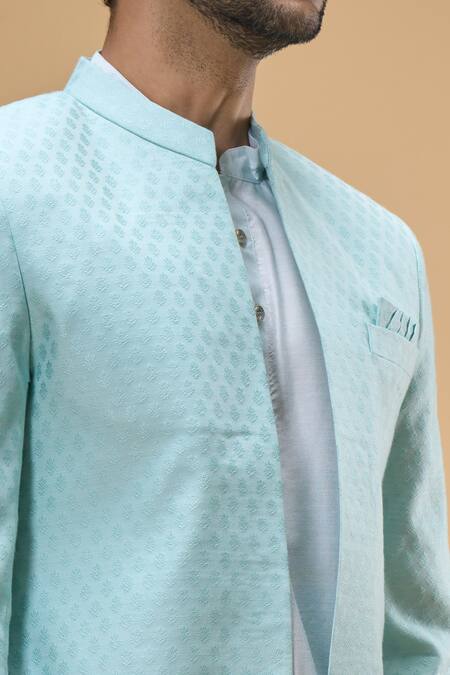 Buy_Spring Break_Blue Cotton, Silk Bloom Crest Woven Bundi Kurta Set_Online_at_Aza_Fashions