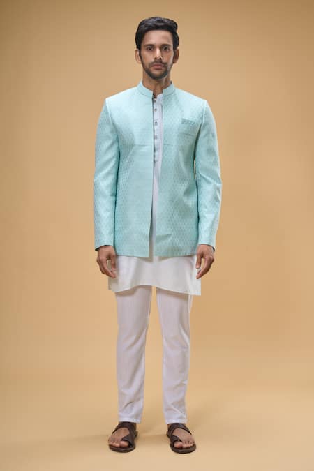 Shop_Spring Break_Blue Cotton, Silk Bloom Crest Woven Bundi Kurta Set_Online_at_Aza_Fashions