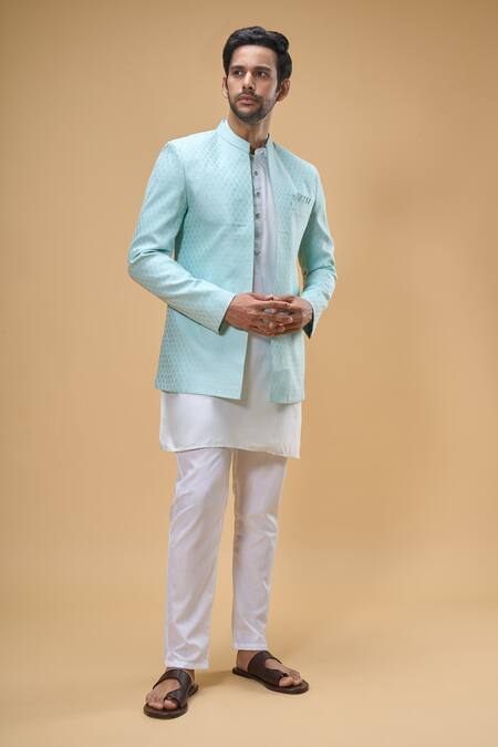 Spring Break_Blue Cotton, Silk Bloom Crest Woven Bundi Kurta Set_at_Aza_Fashions