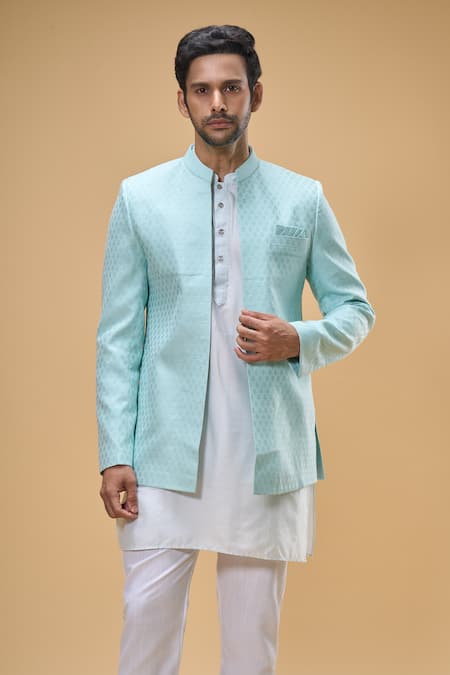 Buy_Spring Break_Blue Cotton, Silk Bloom Crest Woven Bundi Kurta Set