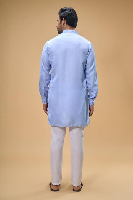 Spring Break_Blue Silk, Cotton Sequins Floret Quad Bundi Kurta Set _Online_at_Aza_Fashions