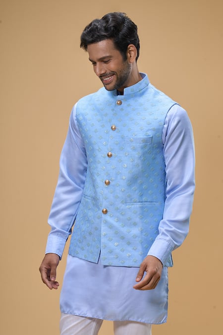 Buy_Spring Break_Blue Silk, Cotton Sequins Floret Quad Bundi Kurta Set _Online_at_Aza_Fashions