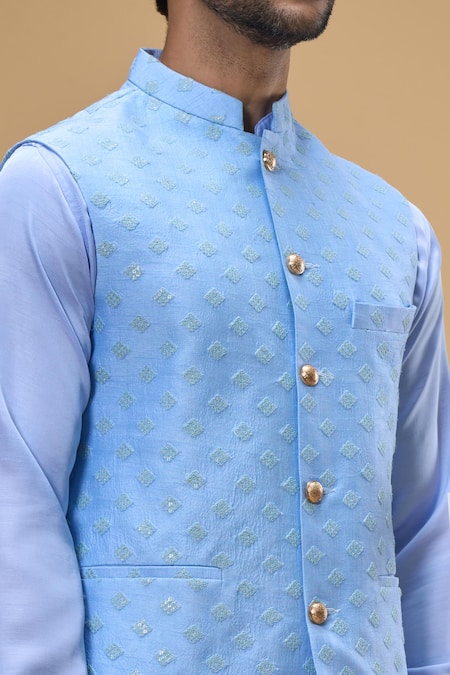 Shop_Spring Break_Blue Silk, Cotton Sequins Floret Quad Bundi Kurta Set _Online_at_Aza_Fashions