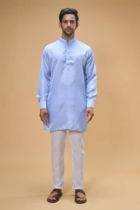Spring Break_Blue Silk, Cotton Sequins Floret Quad Bundi Kurta Set _at_Aza_Fashions