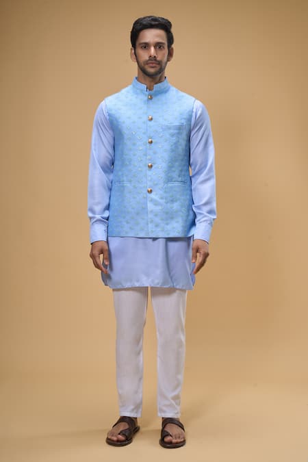 Buy_Spring Break_Blue Silk, Cotton Sequins Floret Quad Bundi Kurta Set 