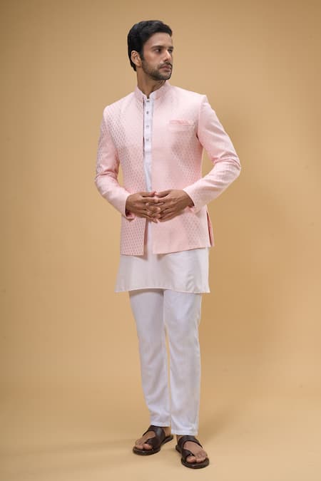 Spring Break Pink Cotton Silk Woven Floral Bandhgala And Kurta Set