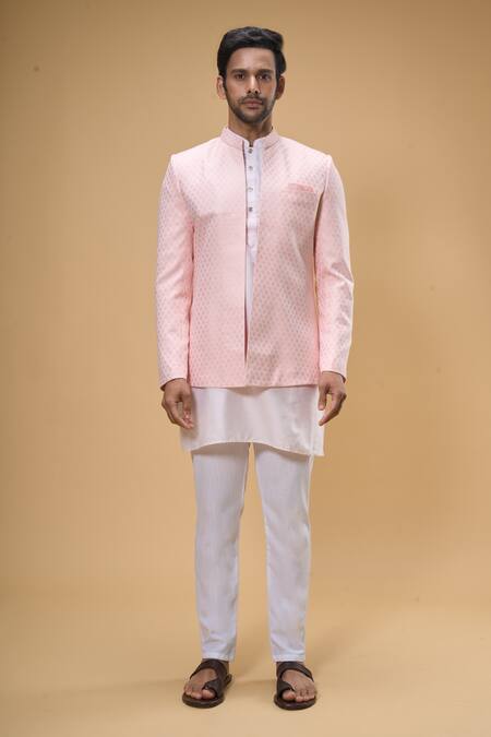 Spring Break_Pink Cotton, Silk Embroidery Floral Woven Bandhgala And Kurta Set _at_Aza_Fashions