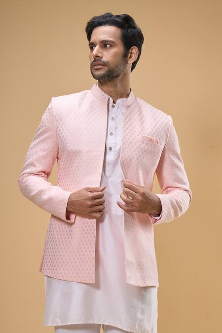 Buy_Spring Break_Pink Cotton, Silk Embroidery Floral Woven Bandhgala And Kurta Set 