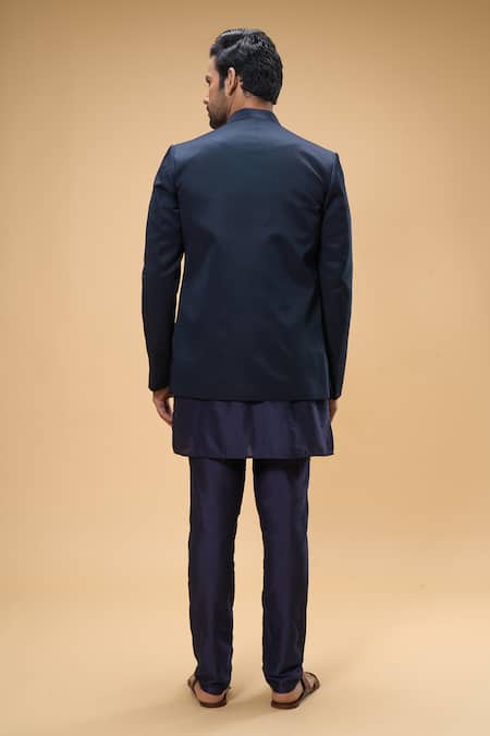 Shop_Spring Break_Blue Cotton, Silk Bandhgala Set _at_Aza_Fashions