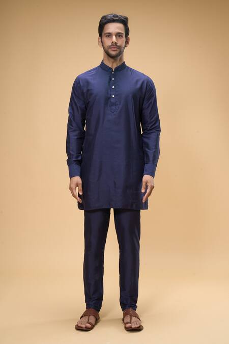 Spring Break_Blue Cotton, Silk Bandhgala Set _Online_at_Aza_Fashions